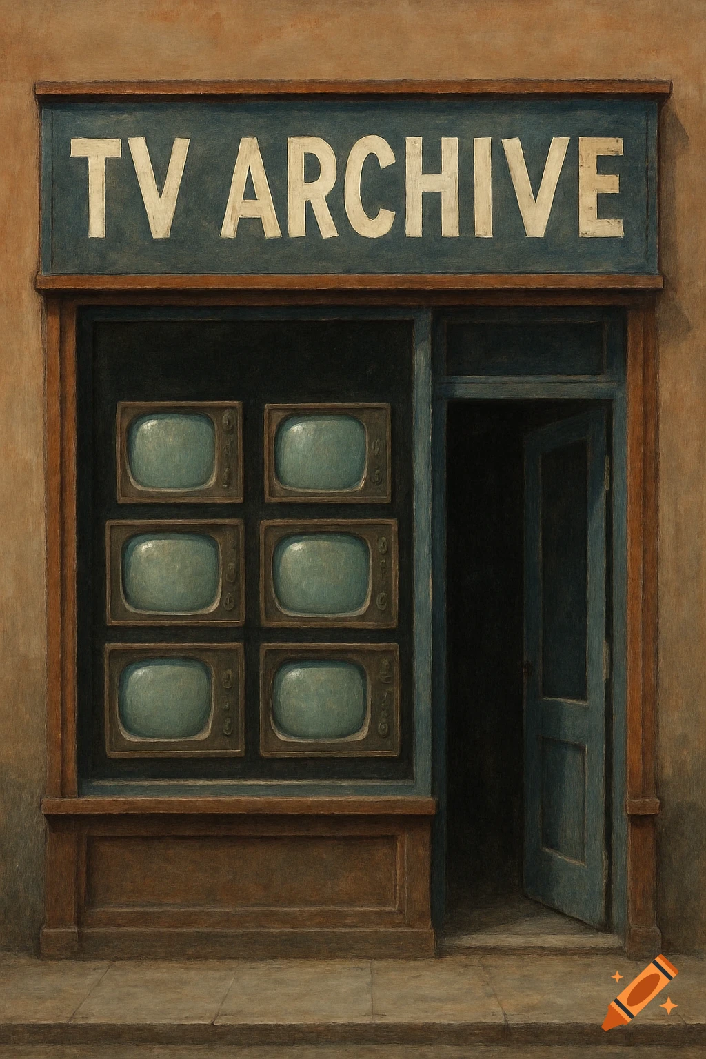 Storefront with 'TV ARCHIVE' sign, window displaying six old TVs, and an open door, painted style.