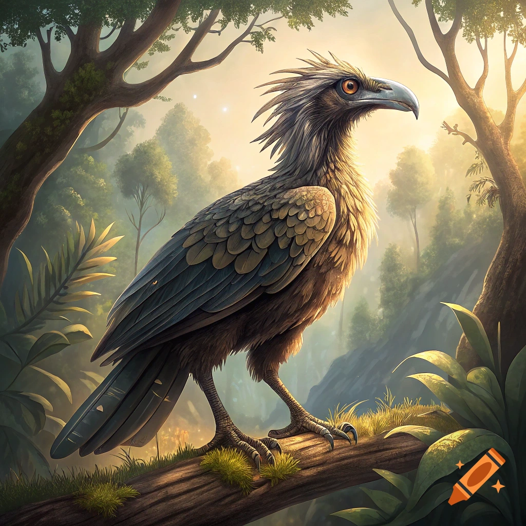 A large bird with spiky head feathers and big feet perches on a log in a sunlit forest.