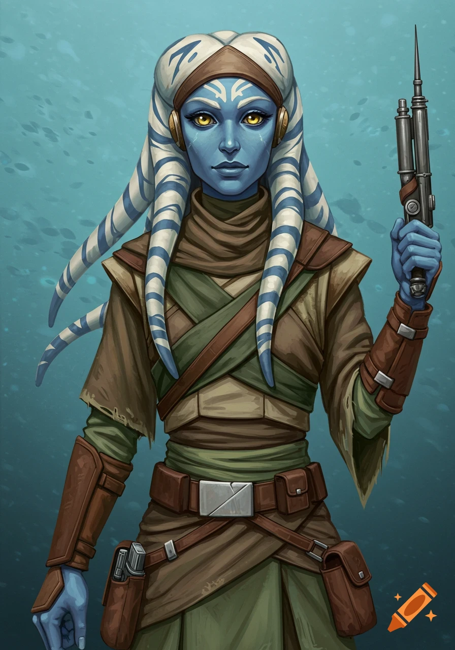 A blue-skinned alien woman with striped head-tails, wearing layered robes and armor, holding a blaster pistol. Illustrated style.