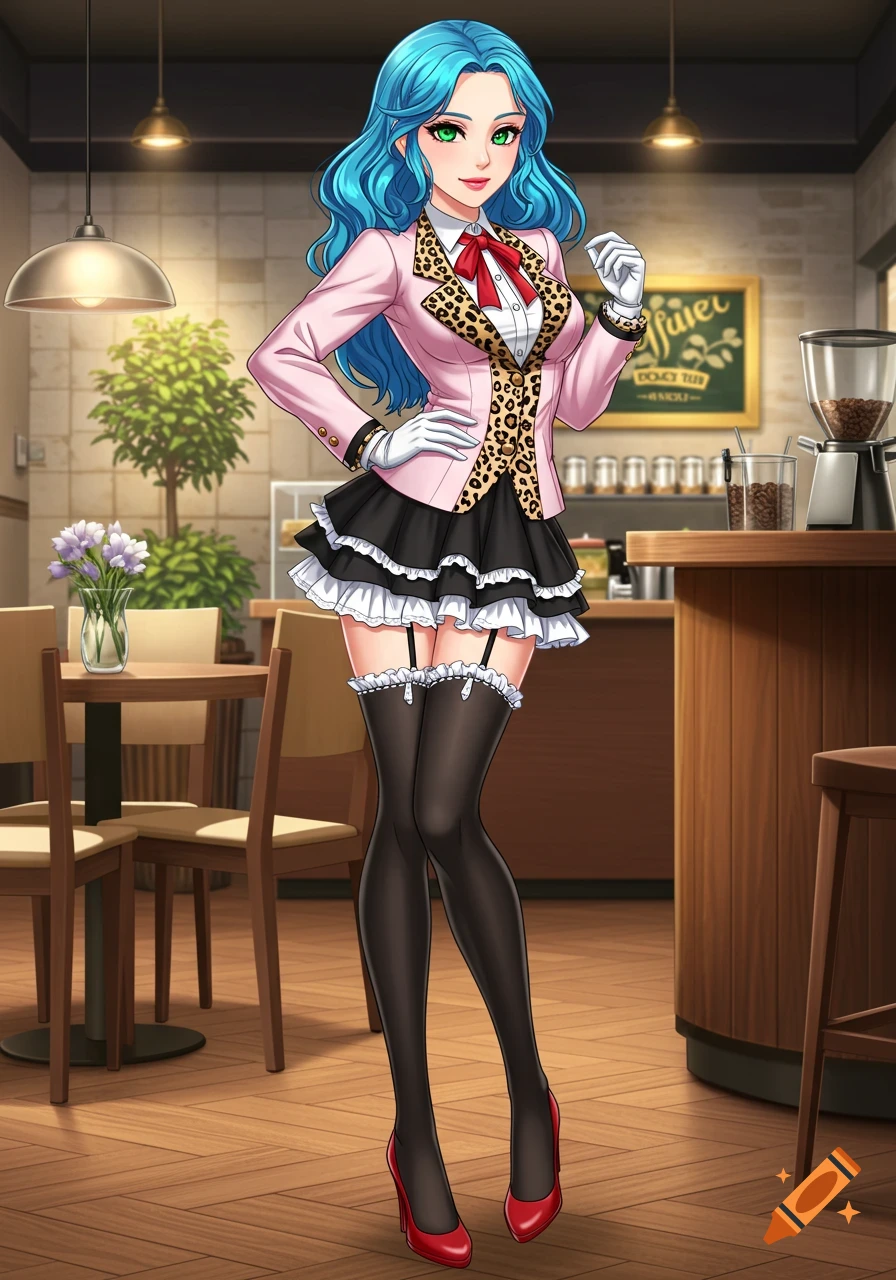Anime woman in a pink suit with leopard print, black skirt, stockings, and red heels standing in a coffee shop.