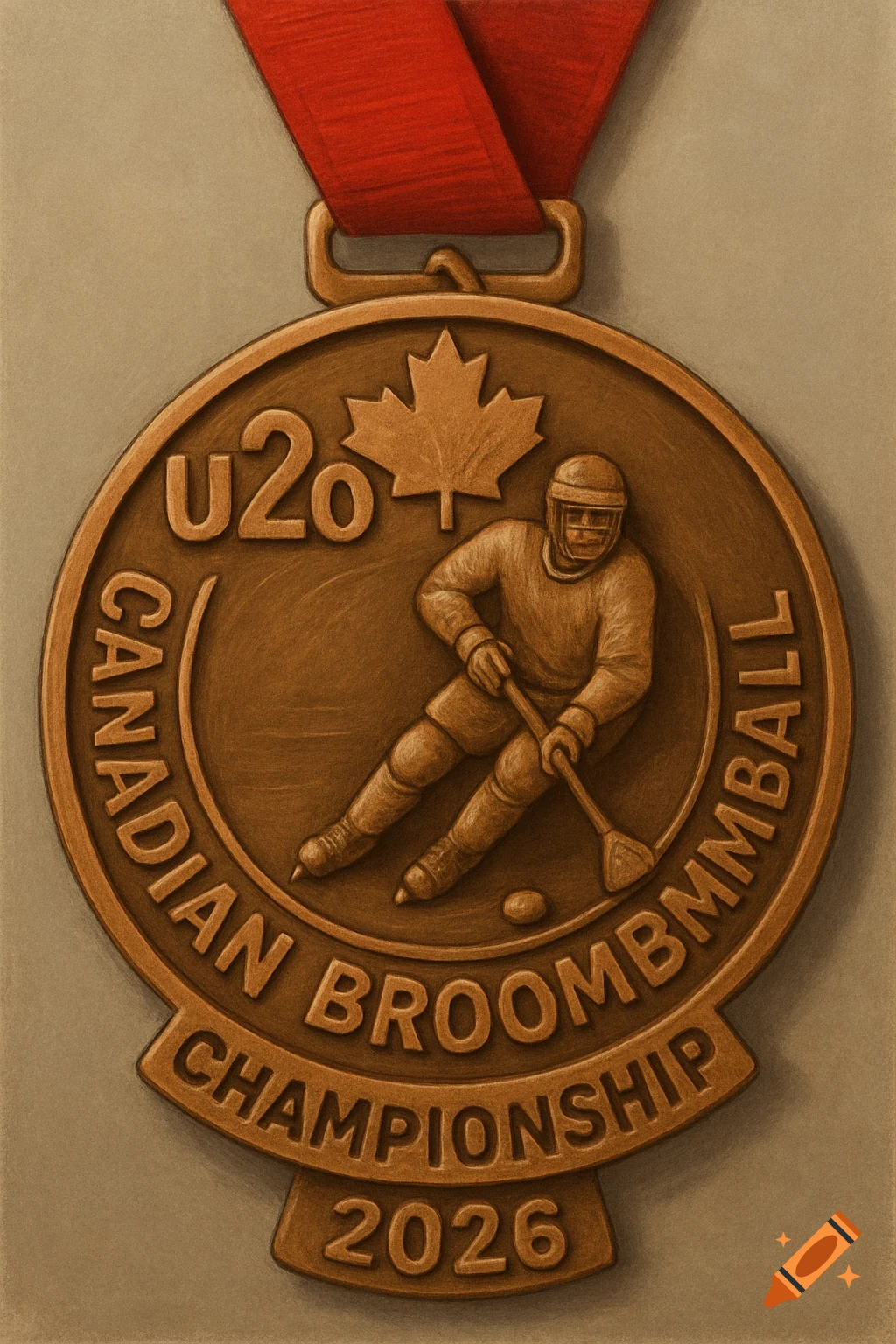 Bronze U20 Canadian broomball championship medal with a player and maple leaf