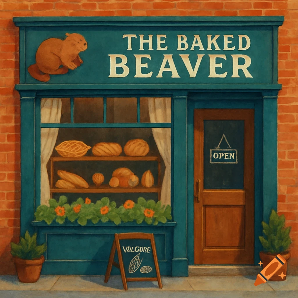 A painting of The Baked Beaver bakery storefront with a beaver logo, bread in the window, and an easel sign