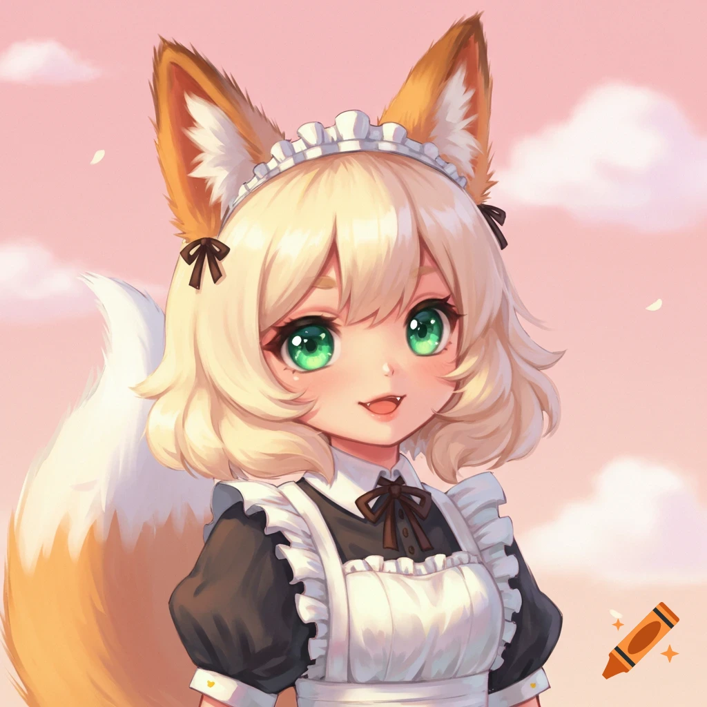 Cute anime girl with fox ears and tail wearing a maid outfit against a pink sky