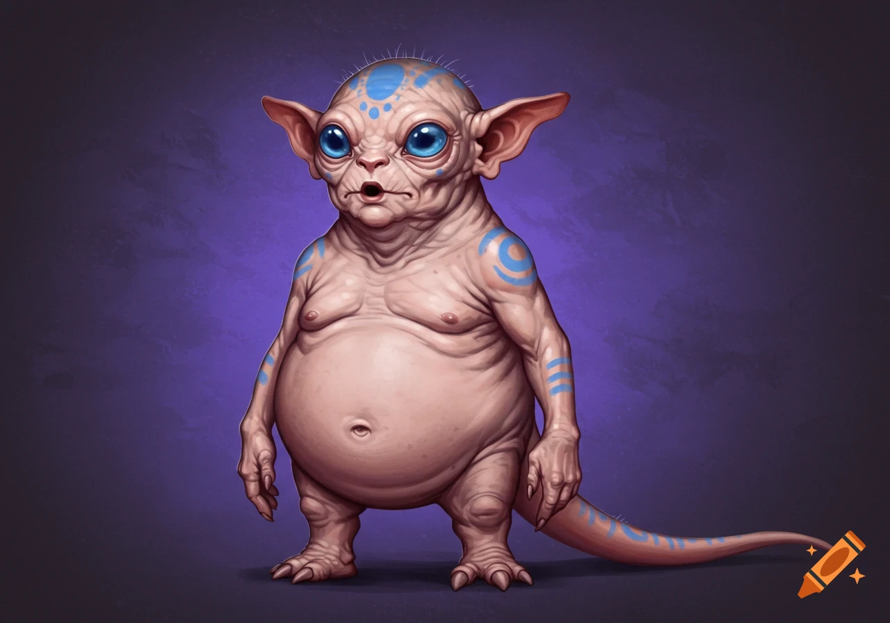 A hairless alien creature with large blue eyes, wrinkly skin, blue markings, and a tail, standing on a purple background.