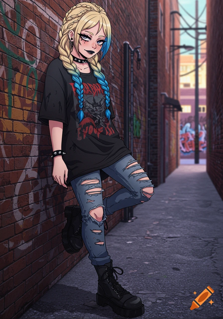 Anime girl in grunge style with blond hair, blue braids, ripped jeans, and a t-shirt, leaning against a brick wall in an alley.