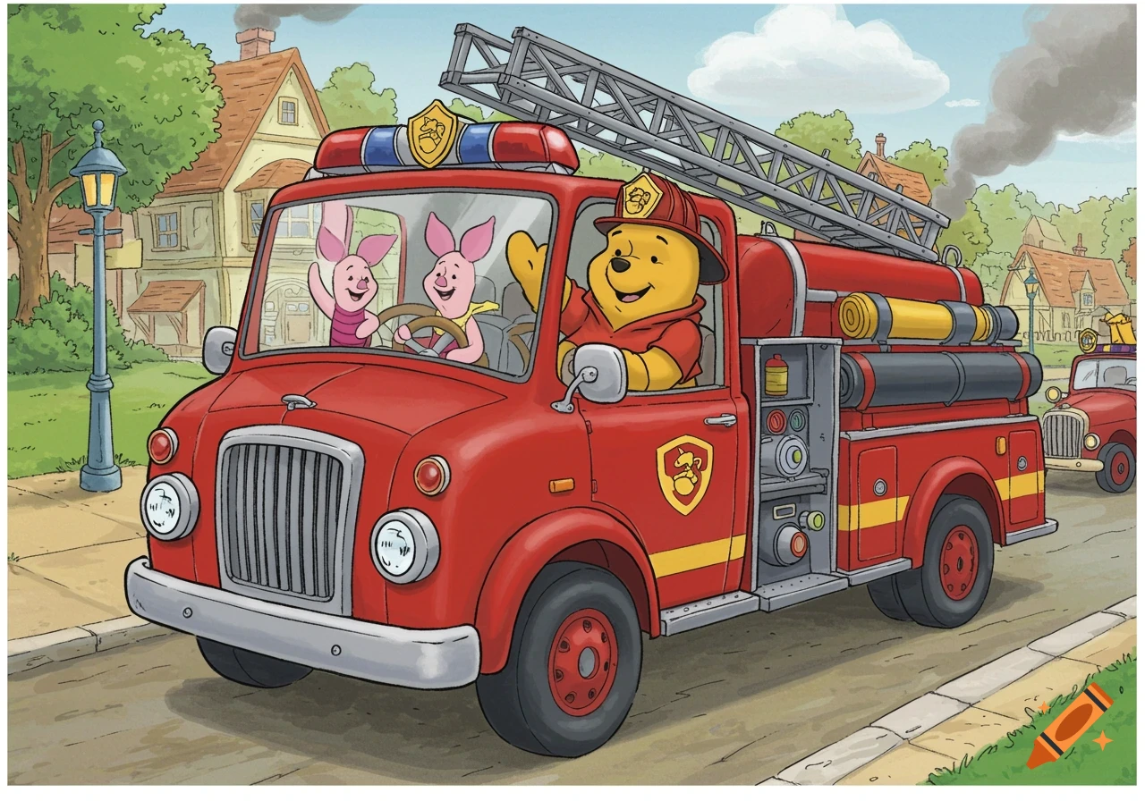 Cartoon image of Winnie the Pooh driving a red firetruck with two Piglets waving