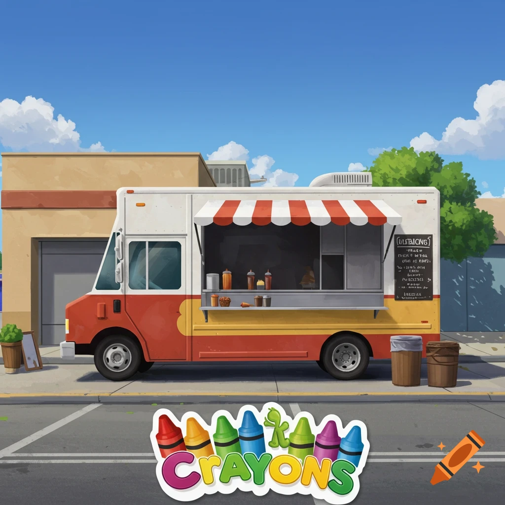 Cartoon illustration of a food truck on a street with a large crayon logo at the bottom.