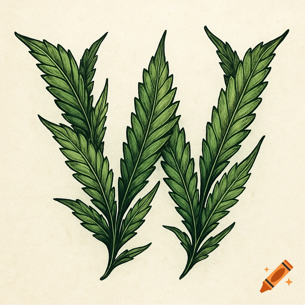 Letter W formed by detailed green cannabis leaves