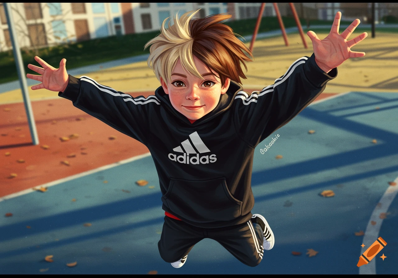 Illustrated young boy jumping in a playground with arms wide, wearing a black adidas hoodie and white shoes.