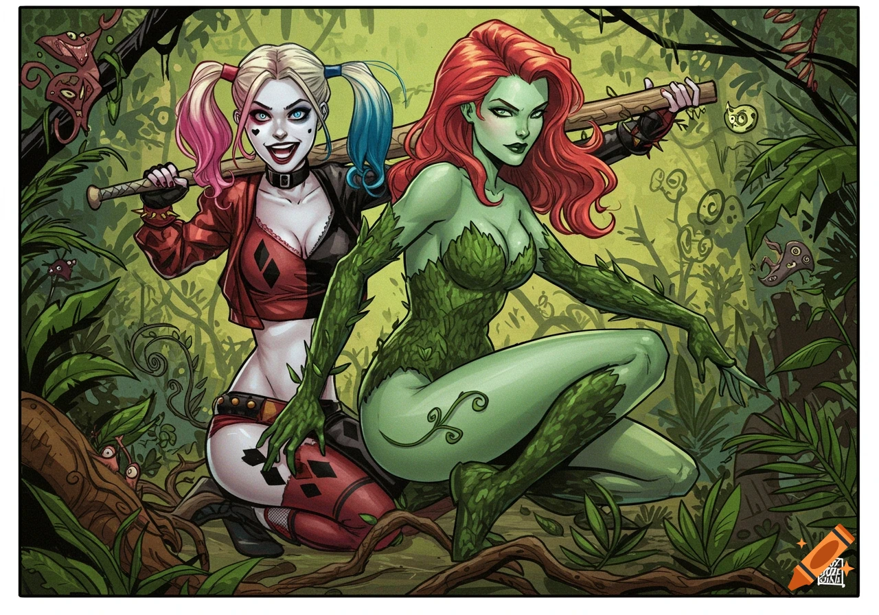Harley Quinn and Poison Ivy pose together in a jungle, illustration