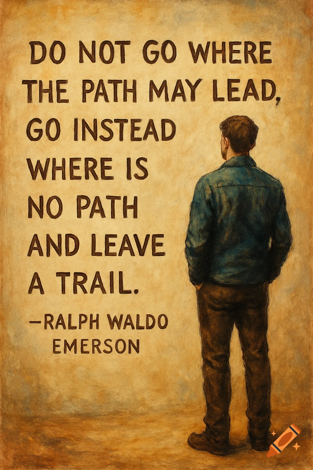 A man stands facing away from the viewer, looking at a wall with the quote 'DO NOT GO WHERE THE PATH MAY LEAD, GO INSTEAD WHERE IS NO PATH AND LEAVE A TRAIL. —RALPH WALDO EMERSON' painted on it. The image has a painterly texture.