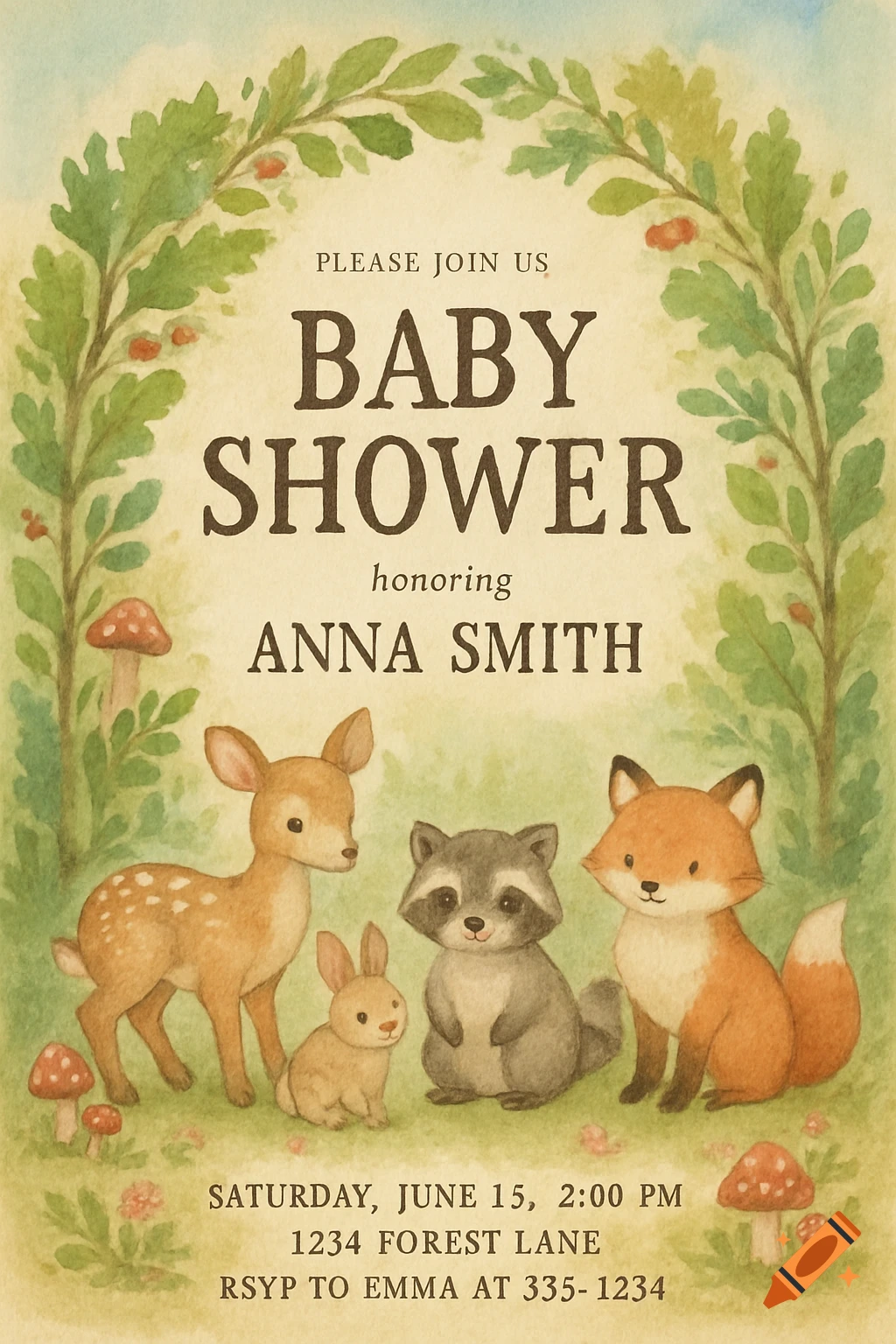 Watercolor baby shower invitation with deer, rabbit, raccoon, and fox in a woodland setting.
