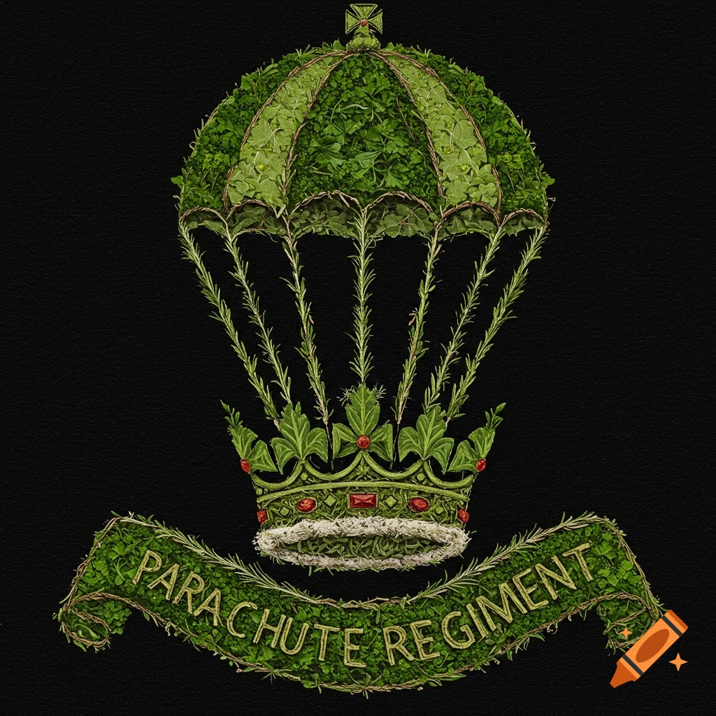 Military crest of a parachute and crown made of green plants and herbs, with a banner saying 'PARACHUTE REGIMENT'.
