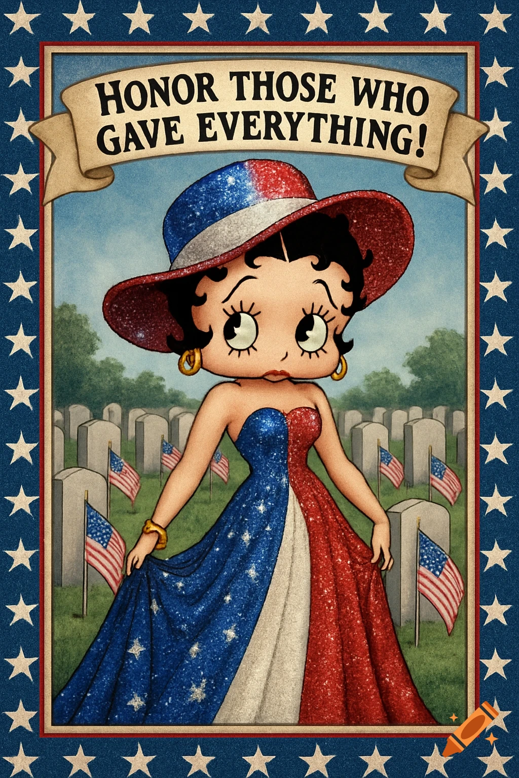 Betty Boop in a patriotic dress and hat stands in a cemetery with flags, banner reads 'Honor Those Who Gave Everything!'.