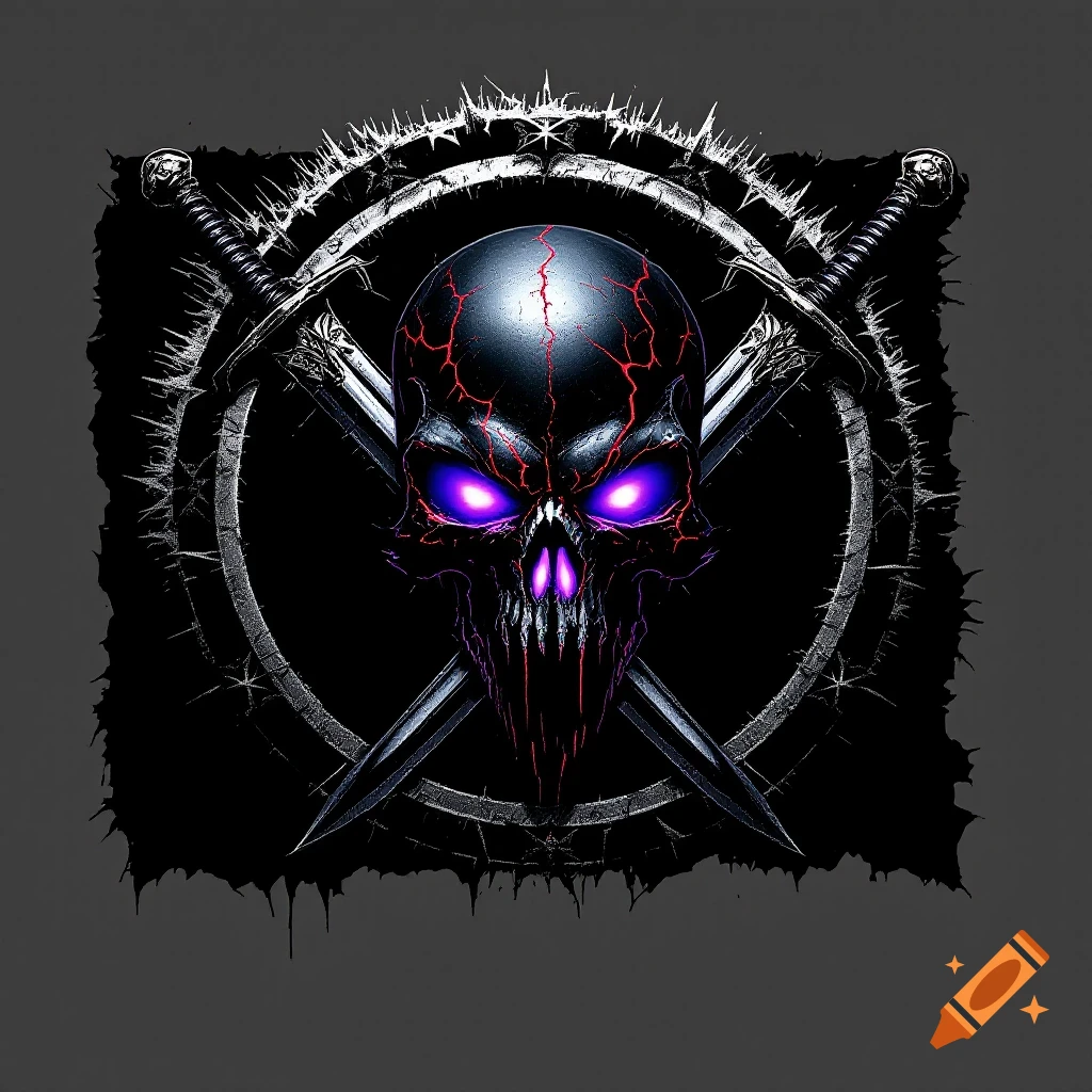 A dark skull with glowing violet eyes, crossed swords, and a jagged ring border on a black background.