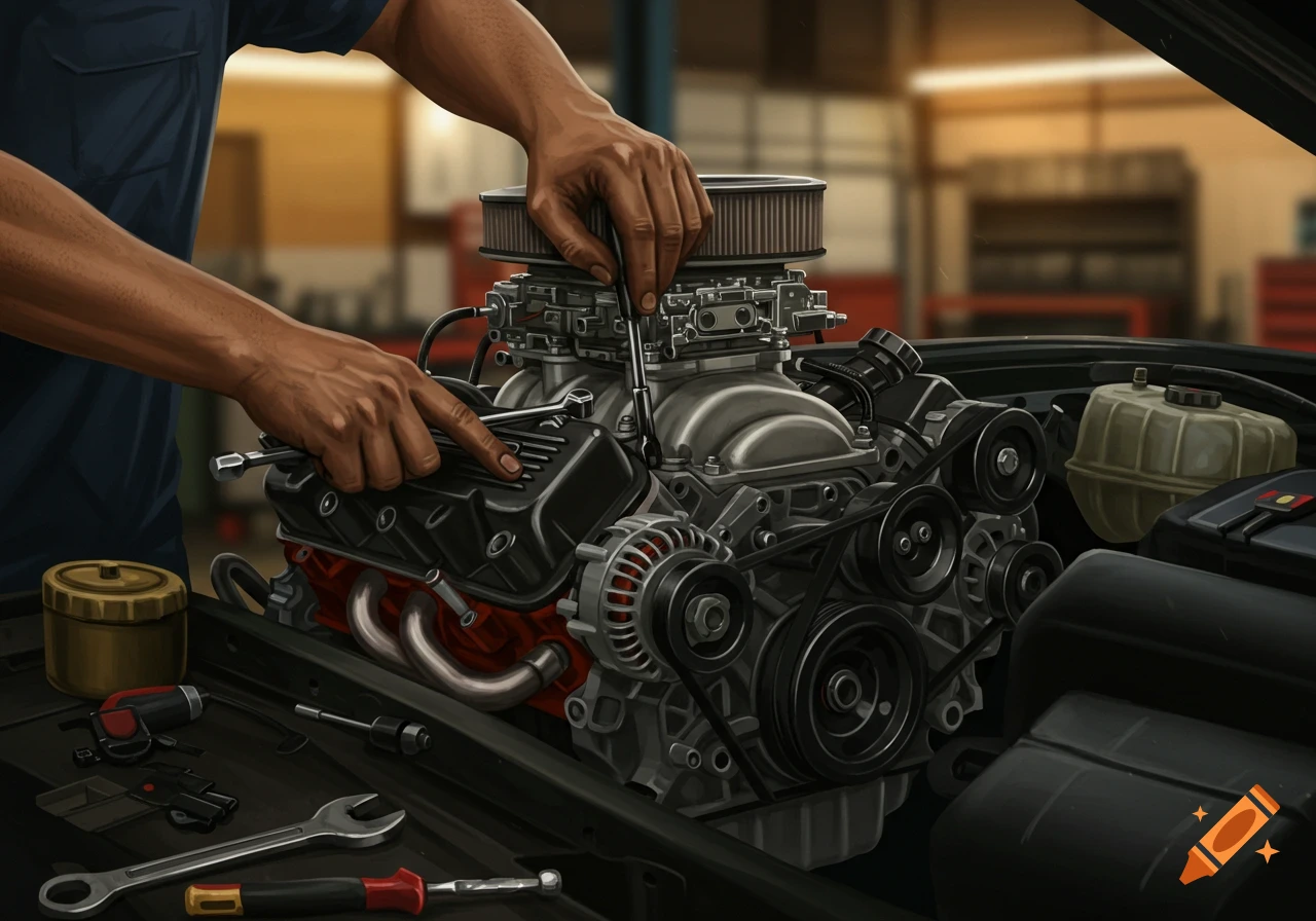 Close-up of hands working on a car engine with tools.