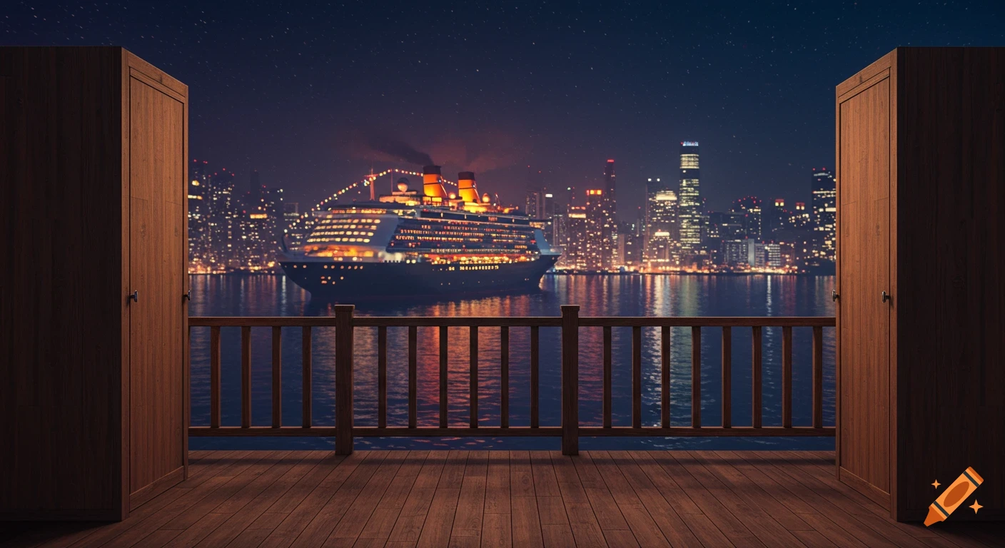 Night view of a city skyline and large cruise ship from a wooden balcony