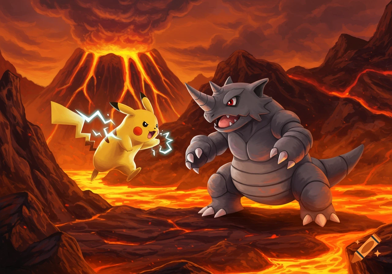 Pikachu and Rhydon battle near a erupting volcano with flowing lava.