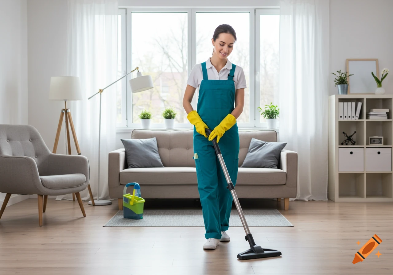 Woman cleaning a modern living room with a vacuum cleaner.