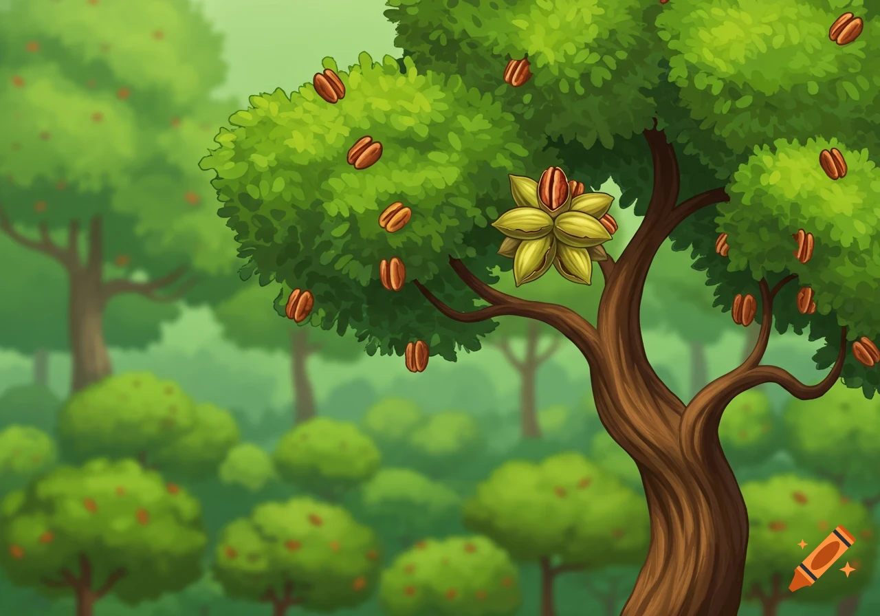 Cartoon pecan tree with nuts in a forest background