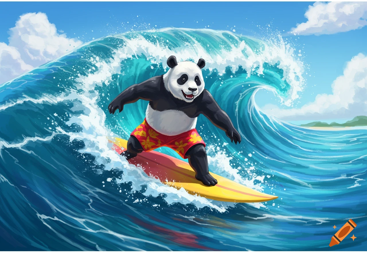 A panda surfs on a large wave in a bright illustration