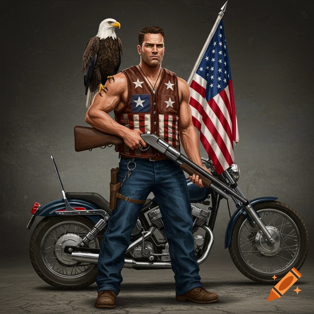 Jacked man in American vest with eagle, shotgun, flag, and motorcycle