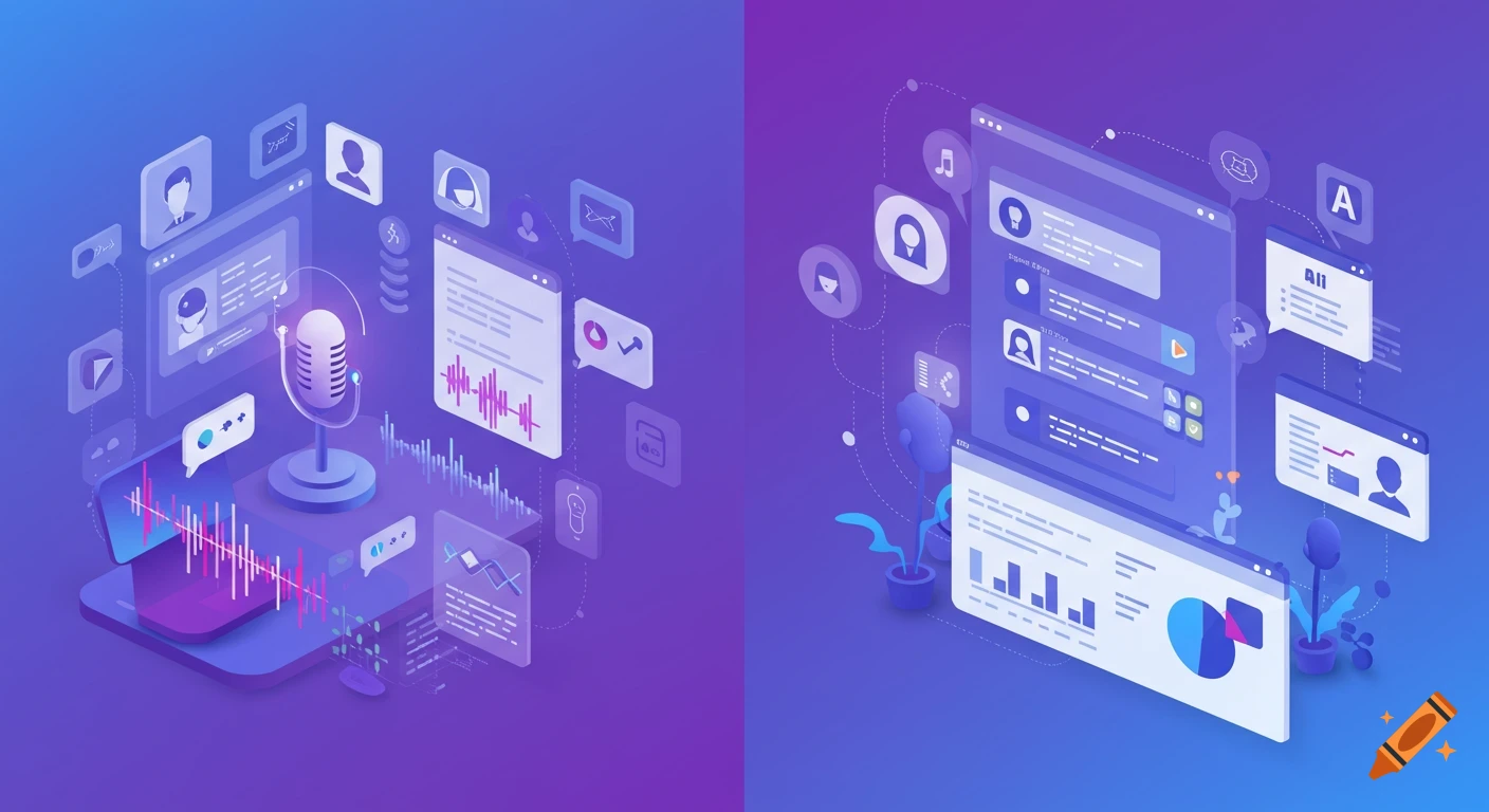 Split isometric view of data transformation. Left: microphone, sound waves, avatars. Right: screens with text, charts, avatars.