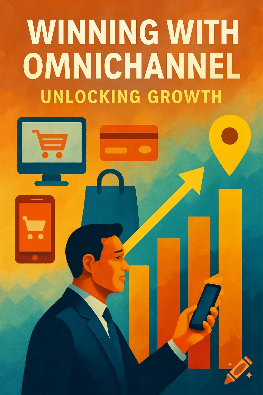 Vintage style illustration of a businessman looking at a phone amidst e-commerce symbols, a growing bar graph, and a location pin. Text: WINNING WITH OMNICHANNEL UNLOCKING GROWTH