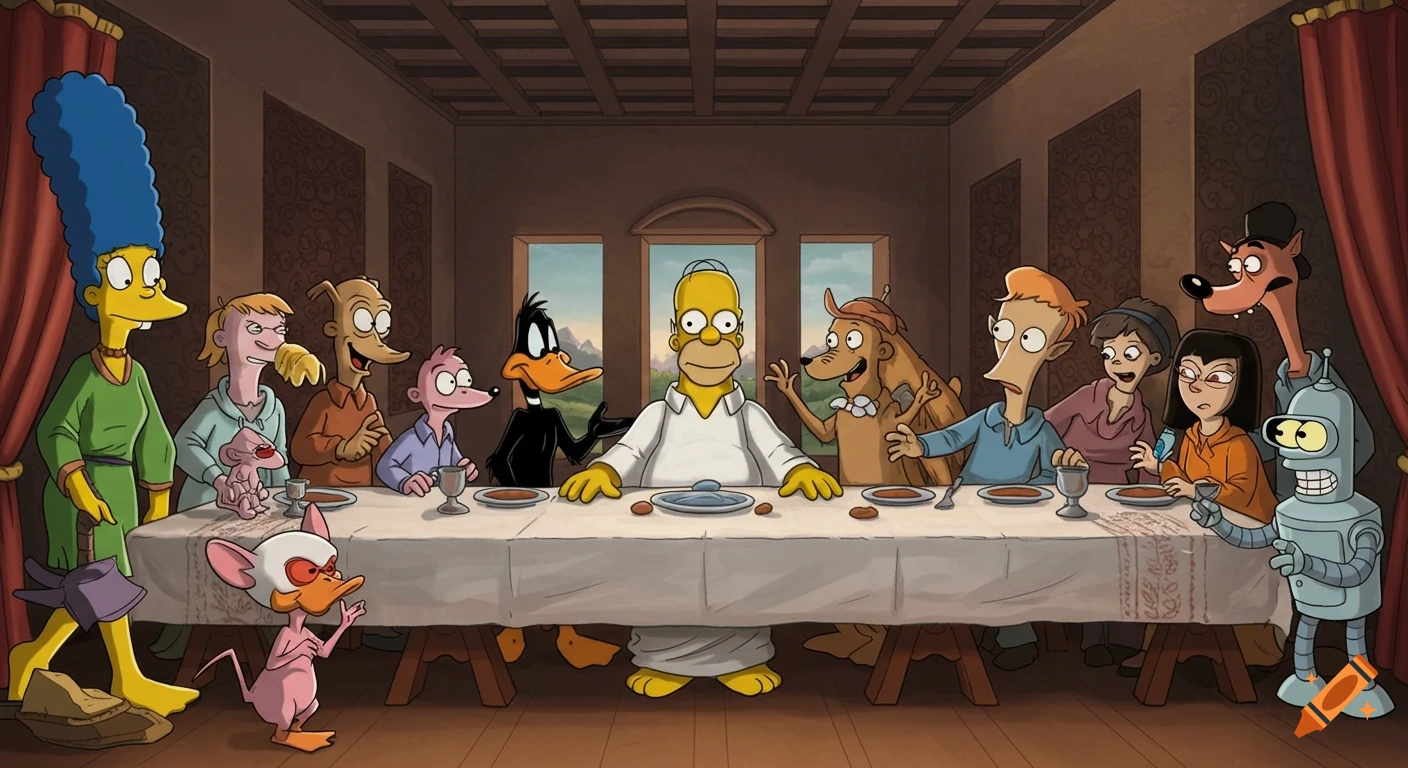 A cartoon parody of The Last Supper with various characters including Homer Simpson, Marge, Daffy Duck, Bender, Pinky, and others at a long table.