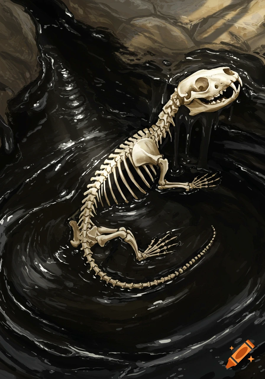 Illustration of an otter skeleton stuck in a dark tar pit