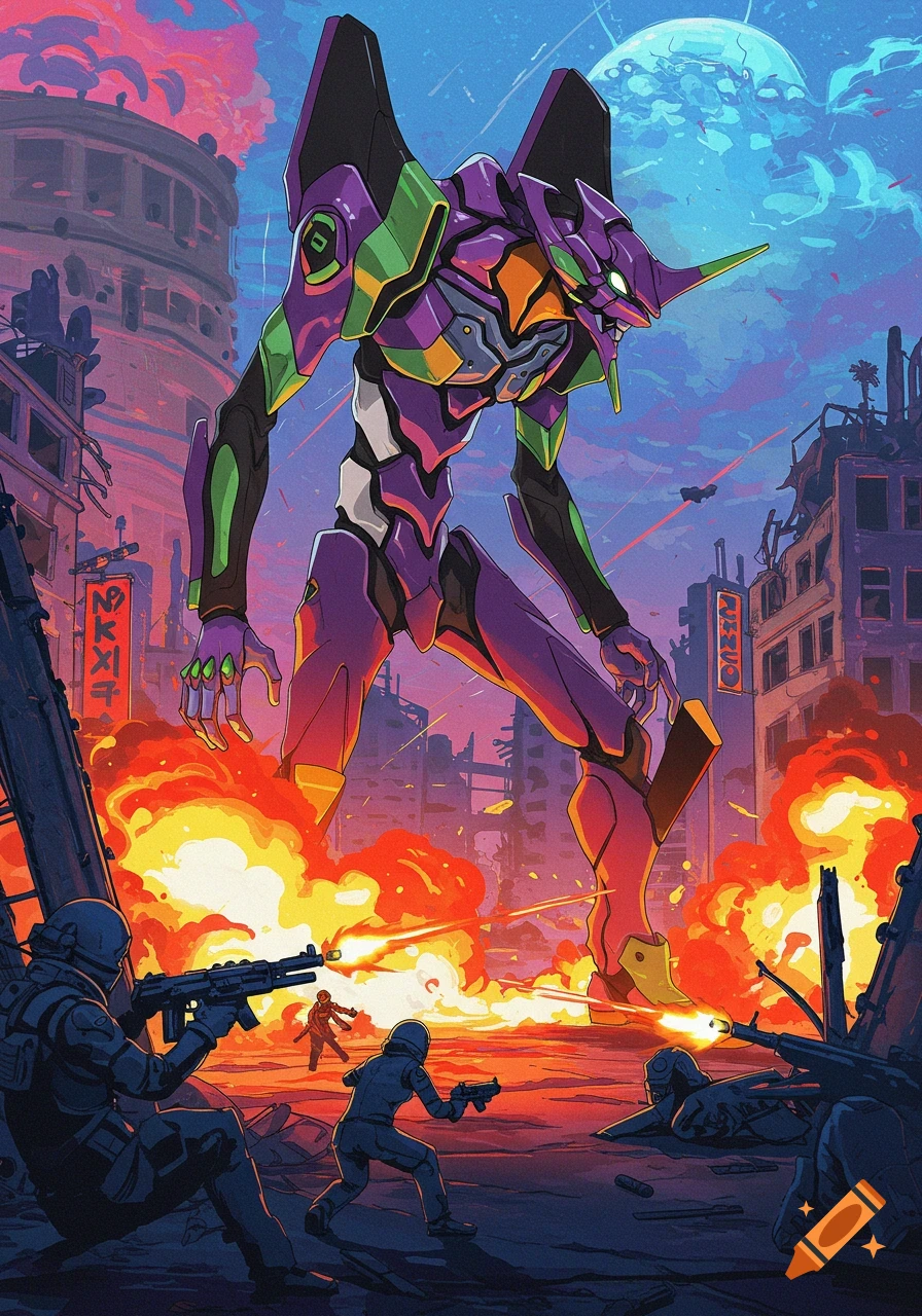 A giant purple robot stands over a destroyed city with explosions as soldiers fire at it. Anime style.