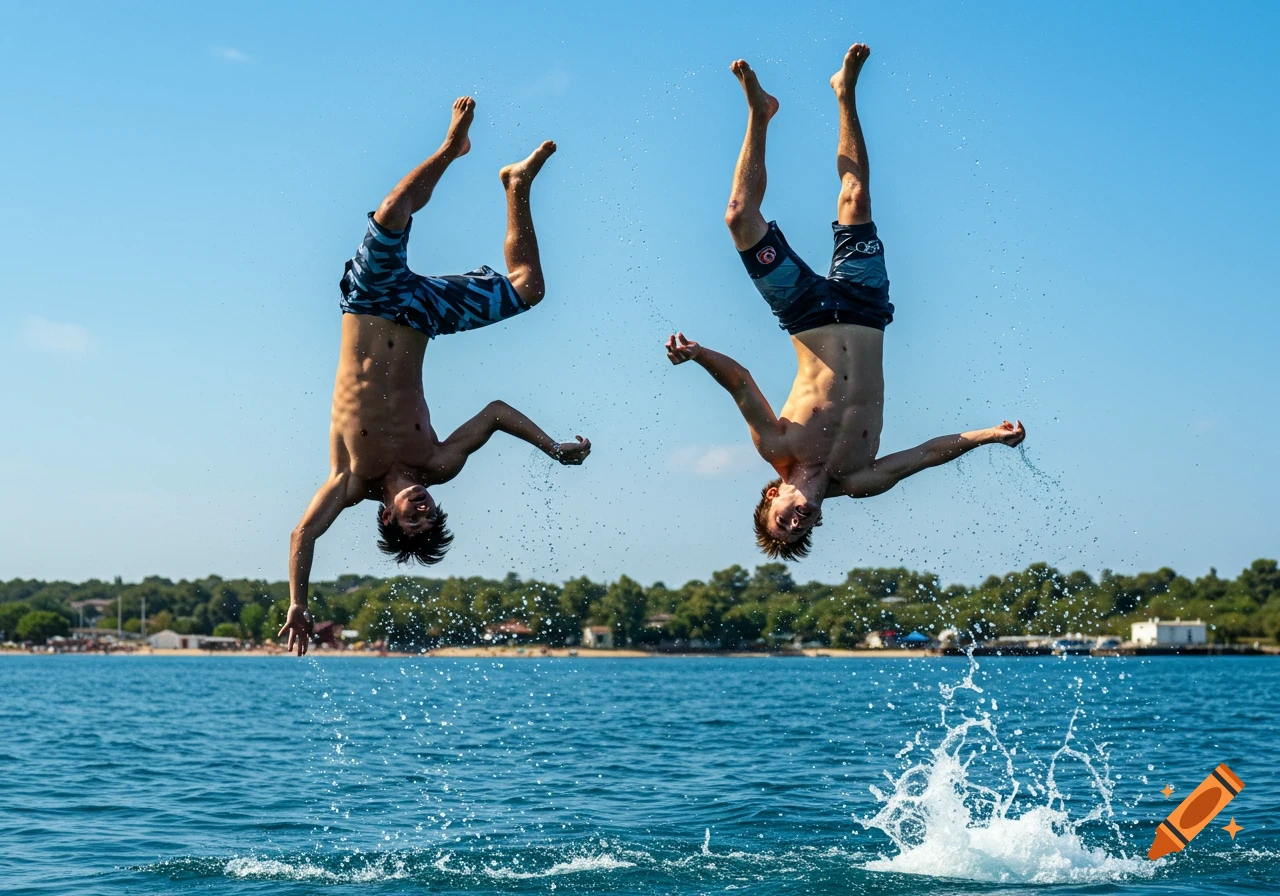 Two young men doing backflips into the water