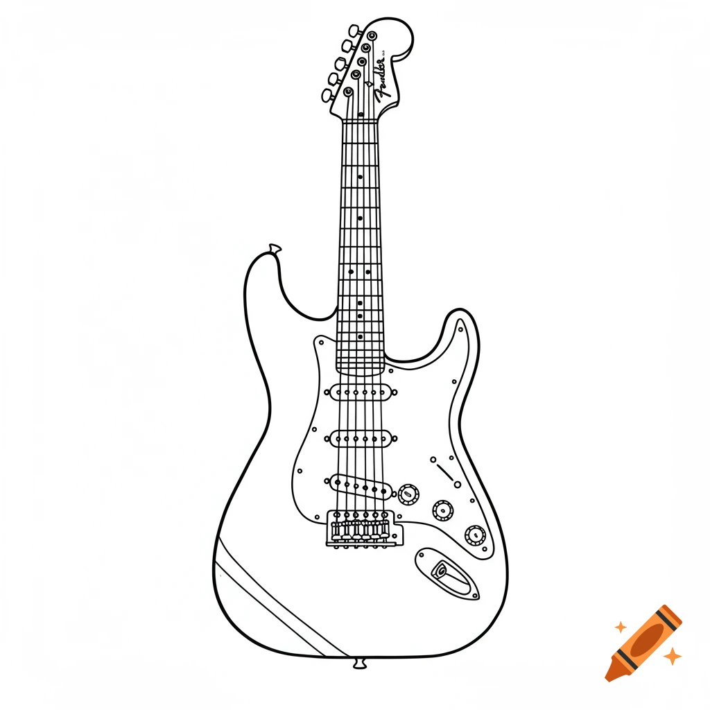 Black line drawing of a Fender Stratocaster electric guitar on a white background.