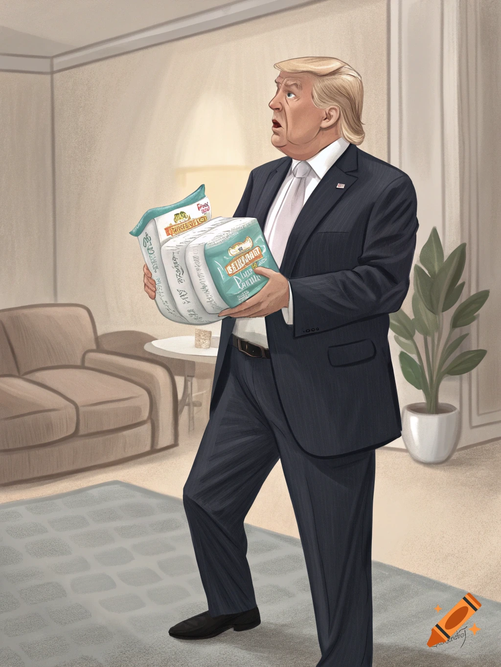 Illustration of Donald Trump holding several packs of diapers in a room
