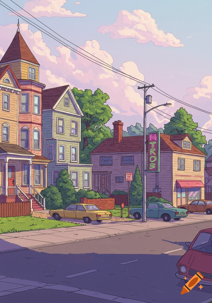 Cartoon illustration of a suburban street with pastel-colored houses, cars, trees, and telephone wires under a cloudy sky.