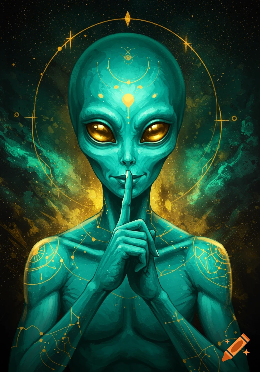 Painterly portrait of a teal alien with gold eyes making a hush gesture against a starry background.