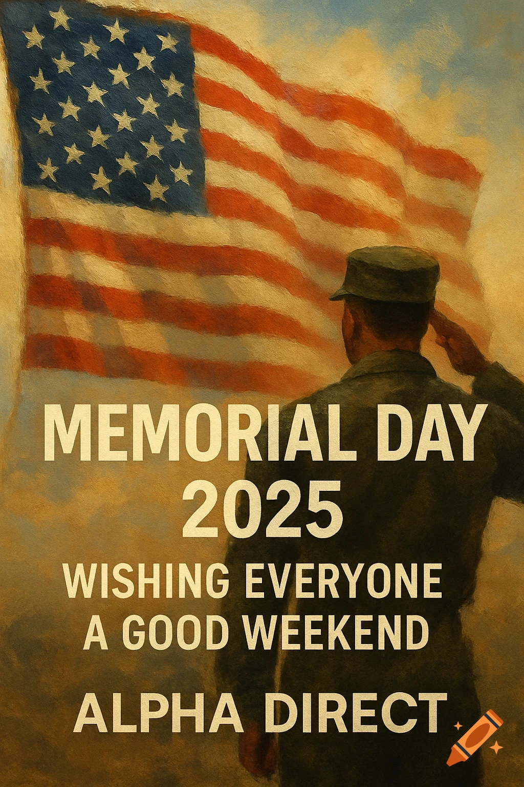 Digital painting of a soldier saluting an American flag with Memorial Day text.