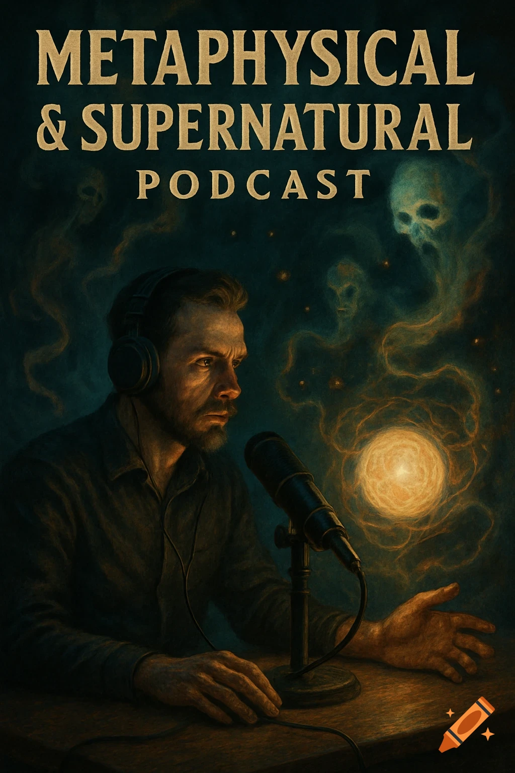 Painting of man podcasting surrounded by ghosts & energy orb, with title 'METAPHYSICAL & SUPERNATURAL PODCAST'.