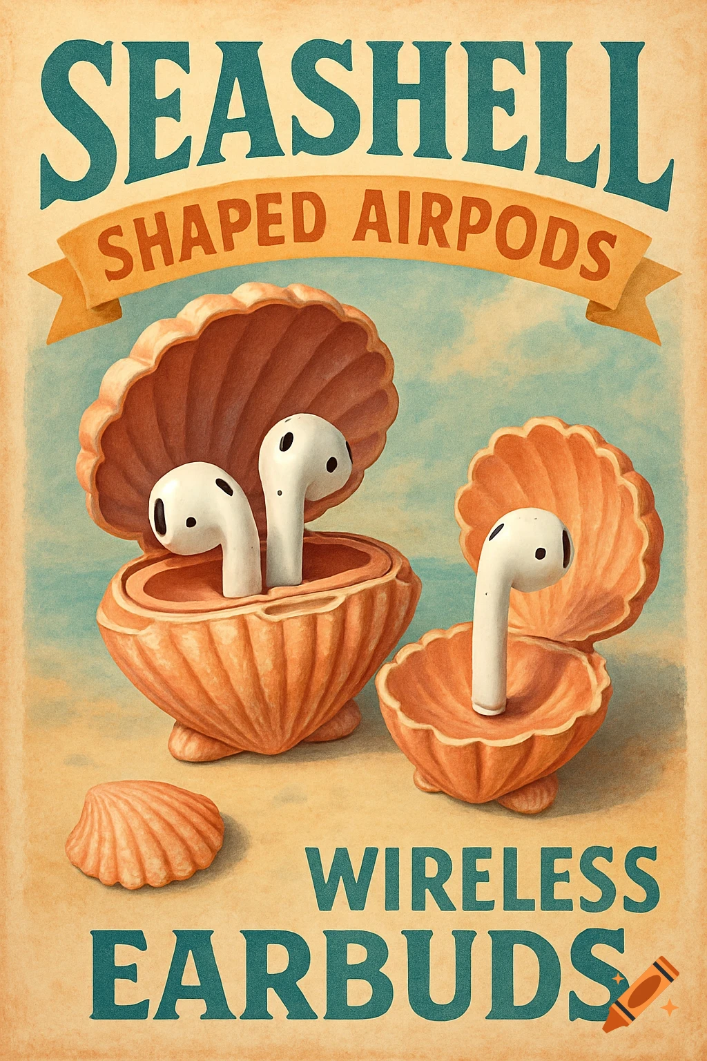 Vintage ad for seashell shaped wireless earbuds