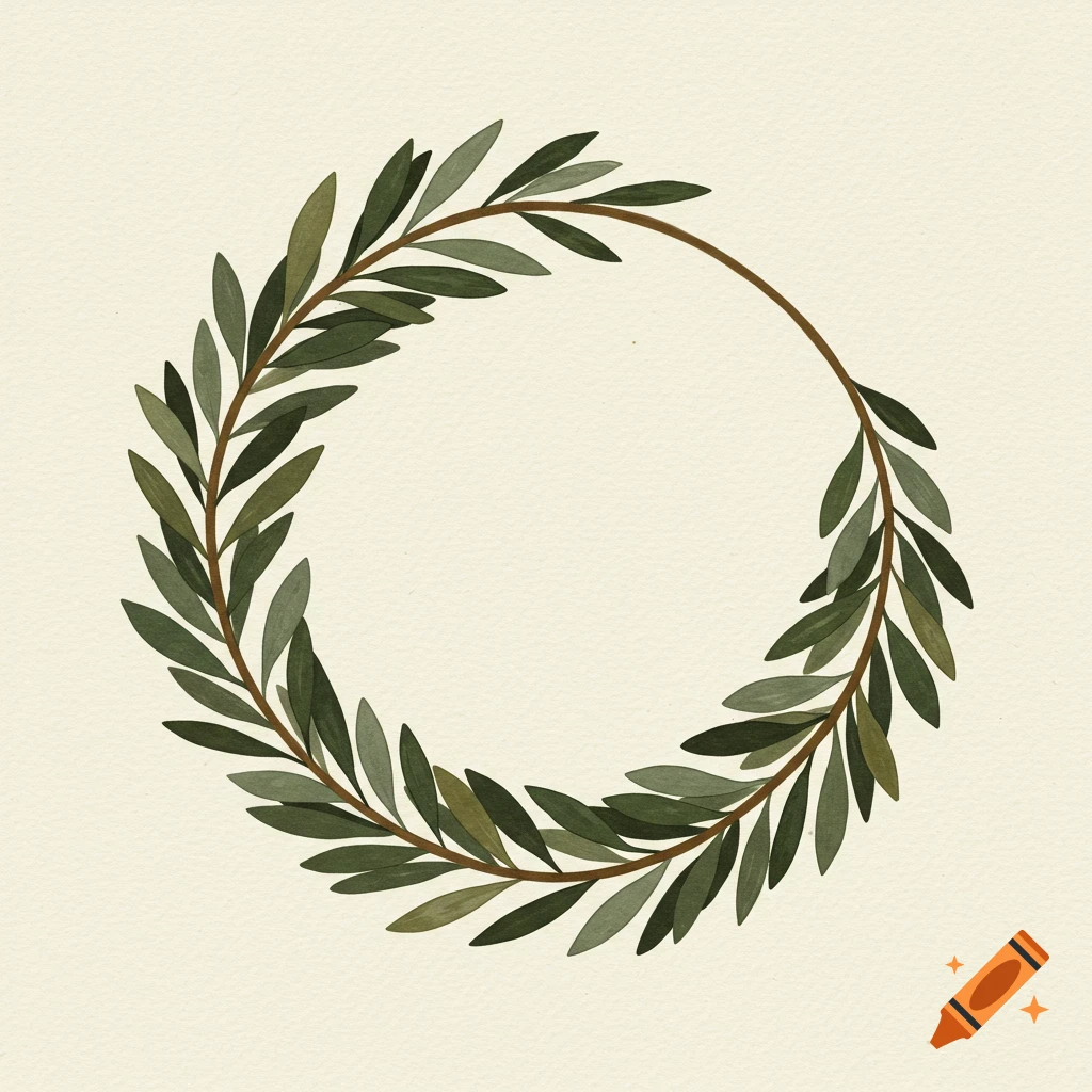 Watercolor illustration of an olive branch wreath on textured paper.