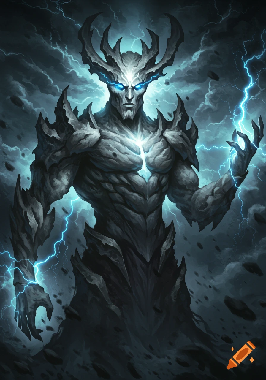 A powerful rocky creature with glowing blue eyes and horns stands ...