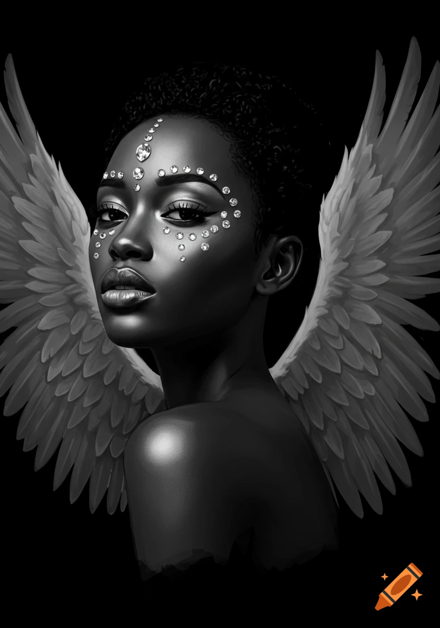 A black and white portrait of a woman with diamonds on her face and large angel wings.