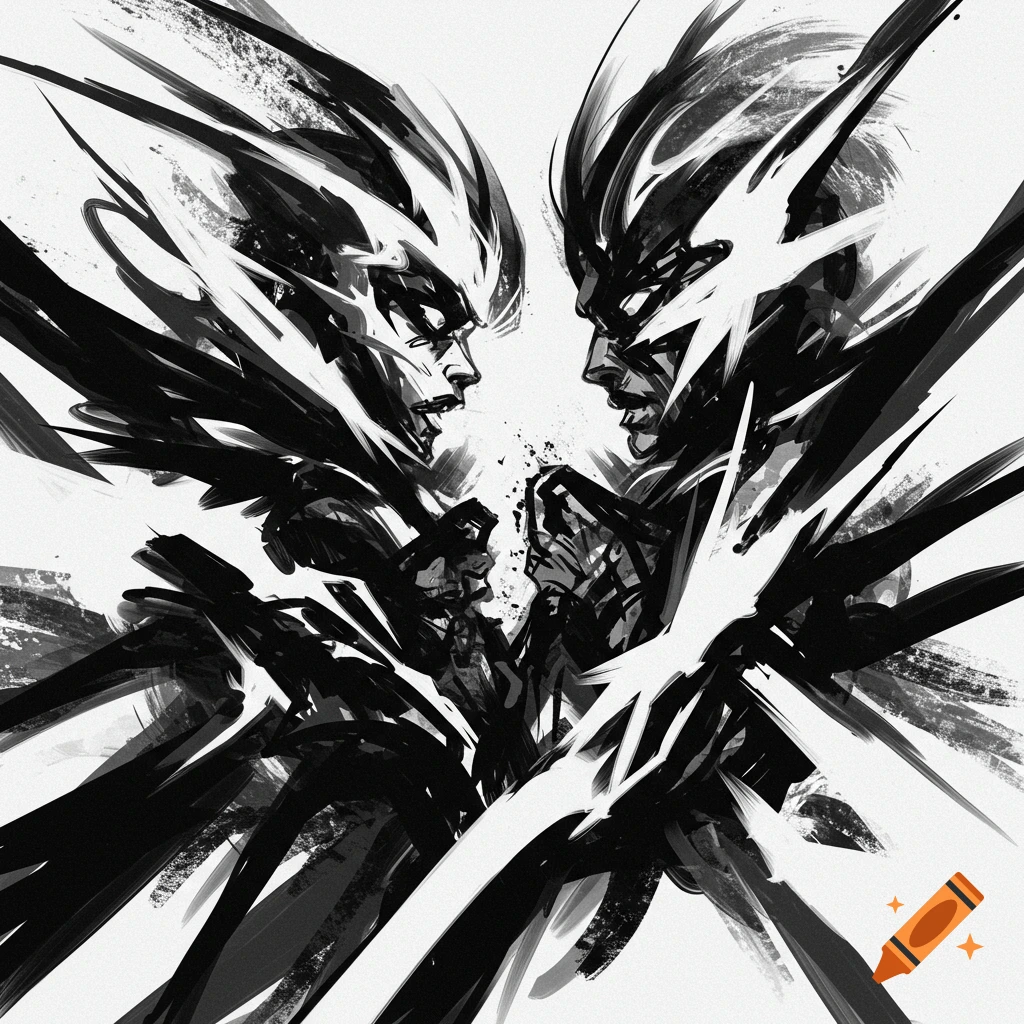Black and white abstract painting of two figures in confrontation with aggressive brushstrokes.