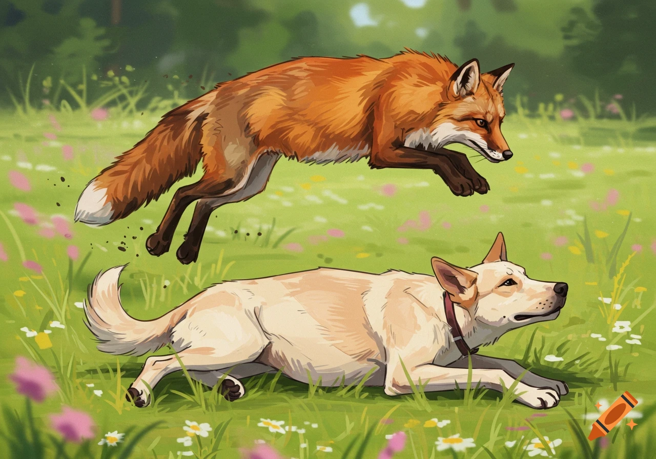 A stylized illustration of a red fox jumping over a light brown dog lying in a field of grass and wildflowers.