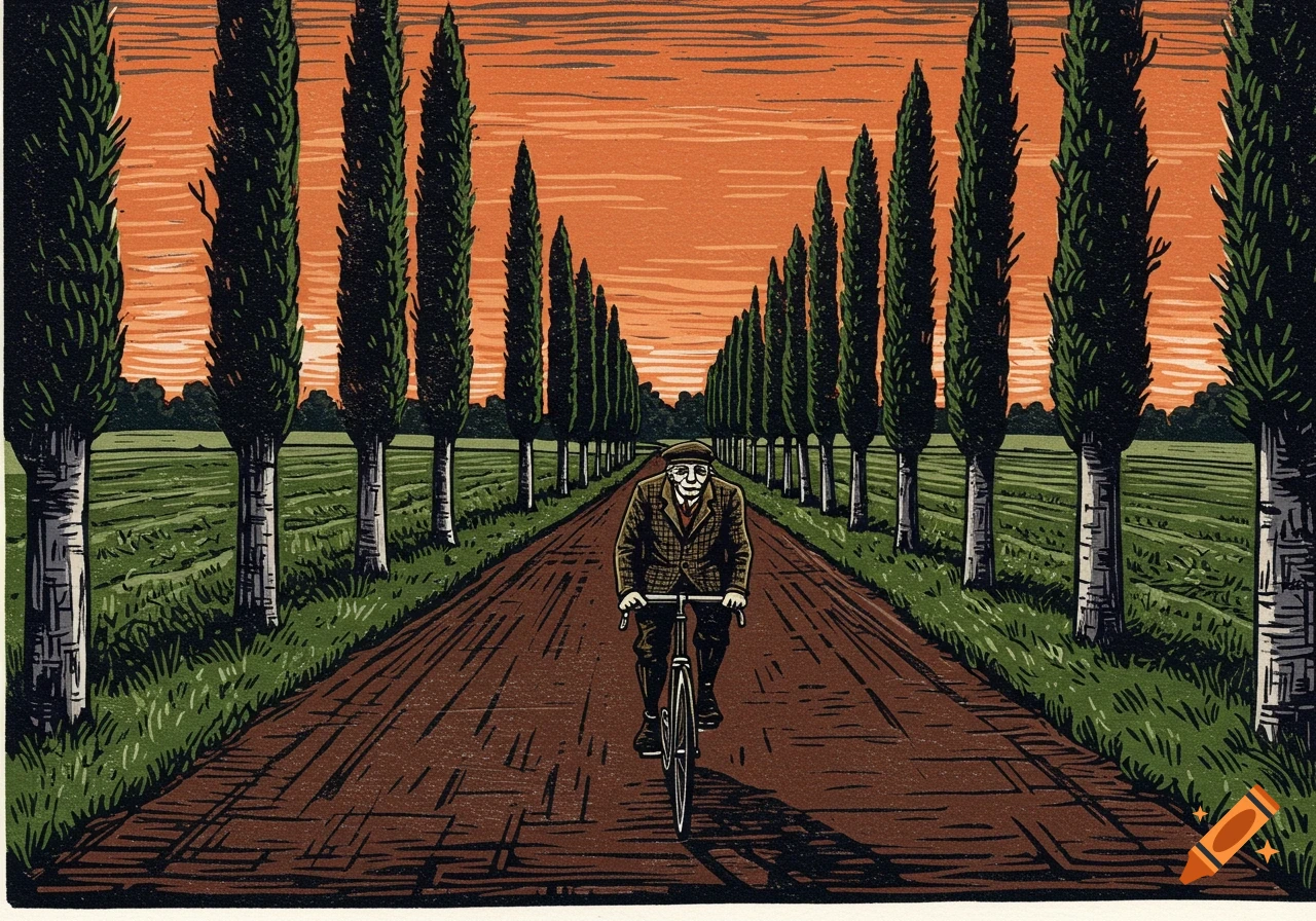 An old man rides a bicycle down a road lined with tall trees at sunset, in a linocut style.