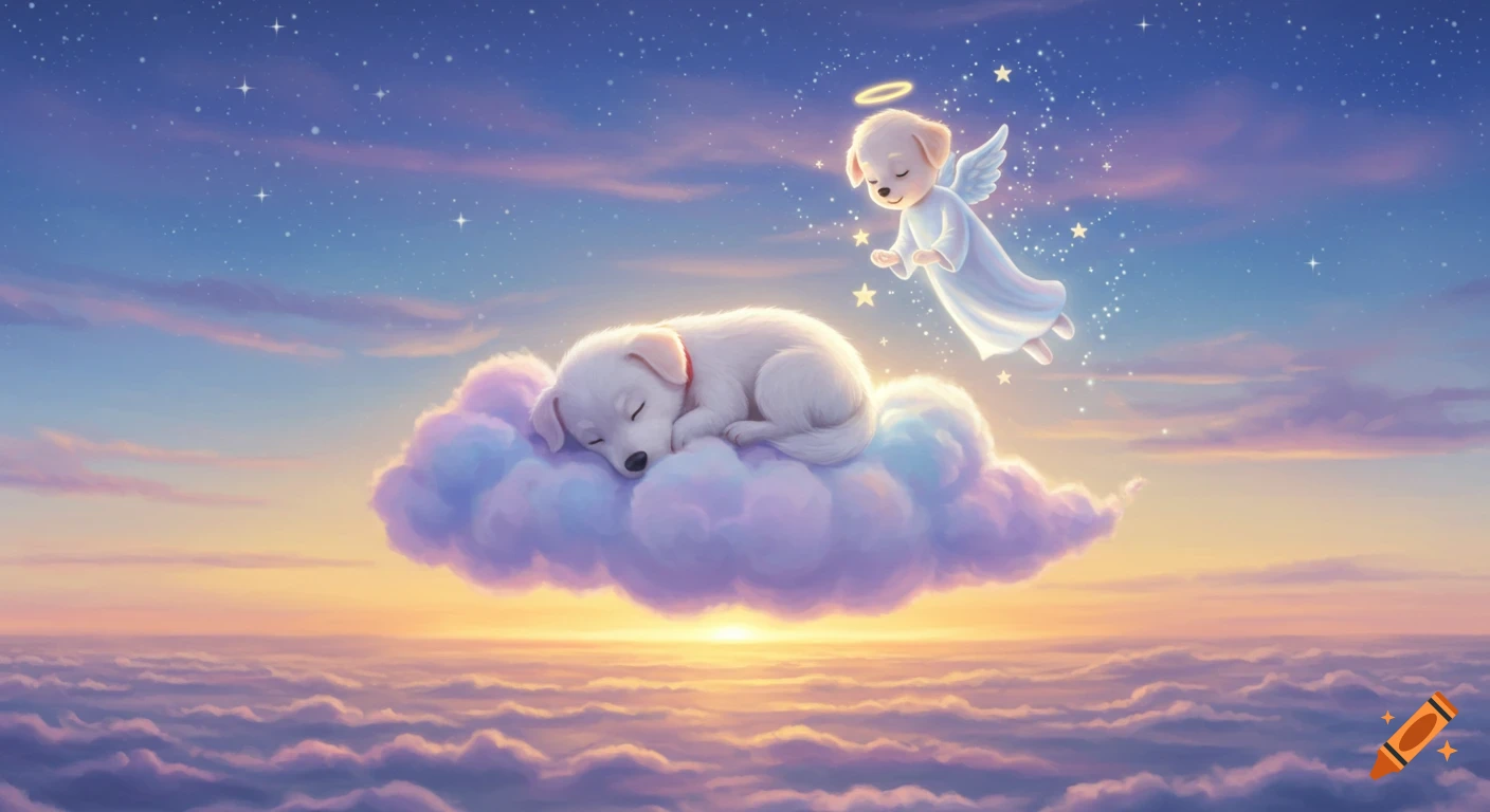 Cute cartoon puppy sleeping on a cloud in a starry sky with a puppy angel watching over it during sunset.