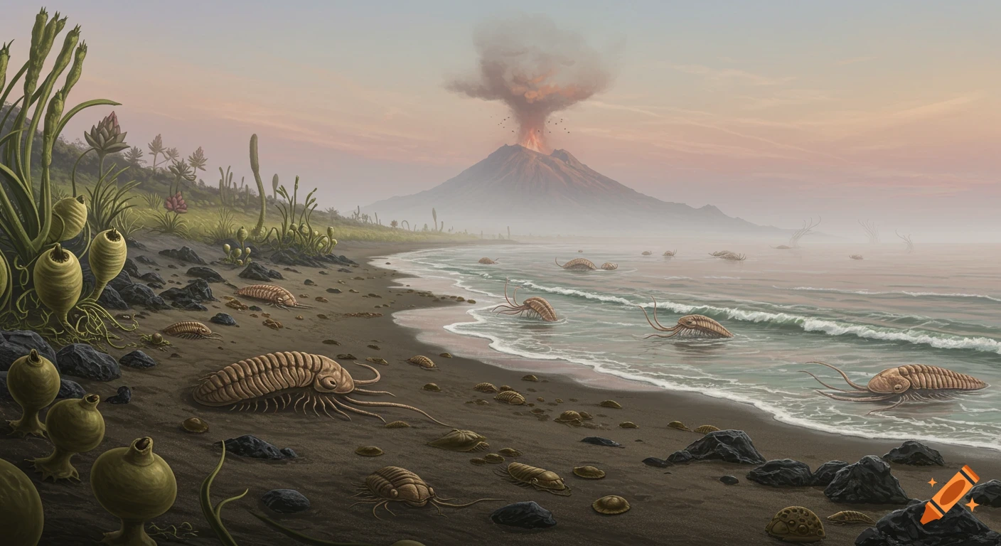 Illustration of a Cambrian beach scene with ancient marine creatures, strange plants, and a smoking volcano.