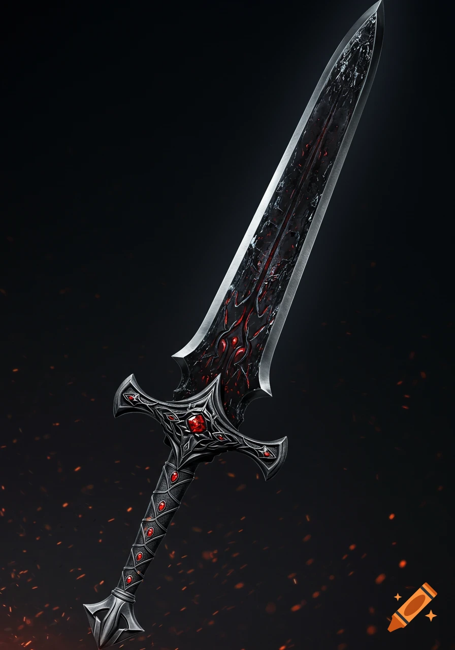 A detailed fantasy sword with a dark blade, red accents, and a jeweled hilt on a dark background with sparks.