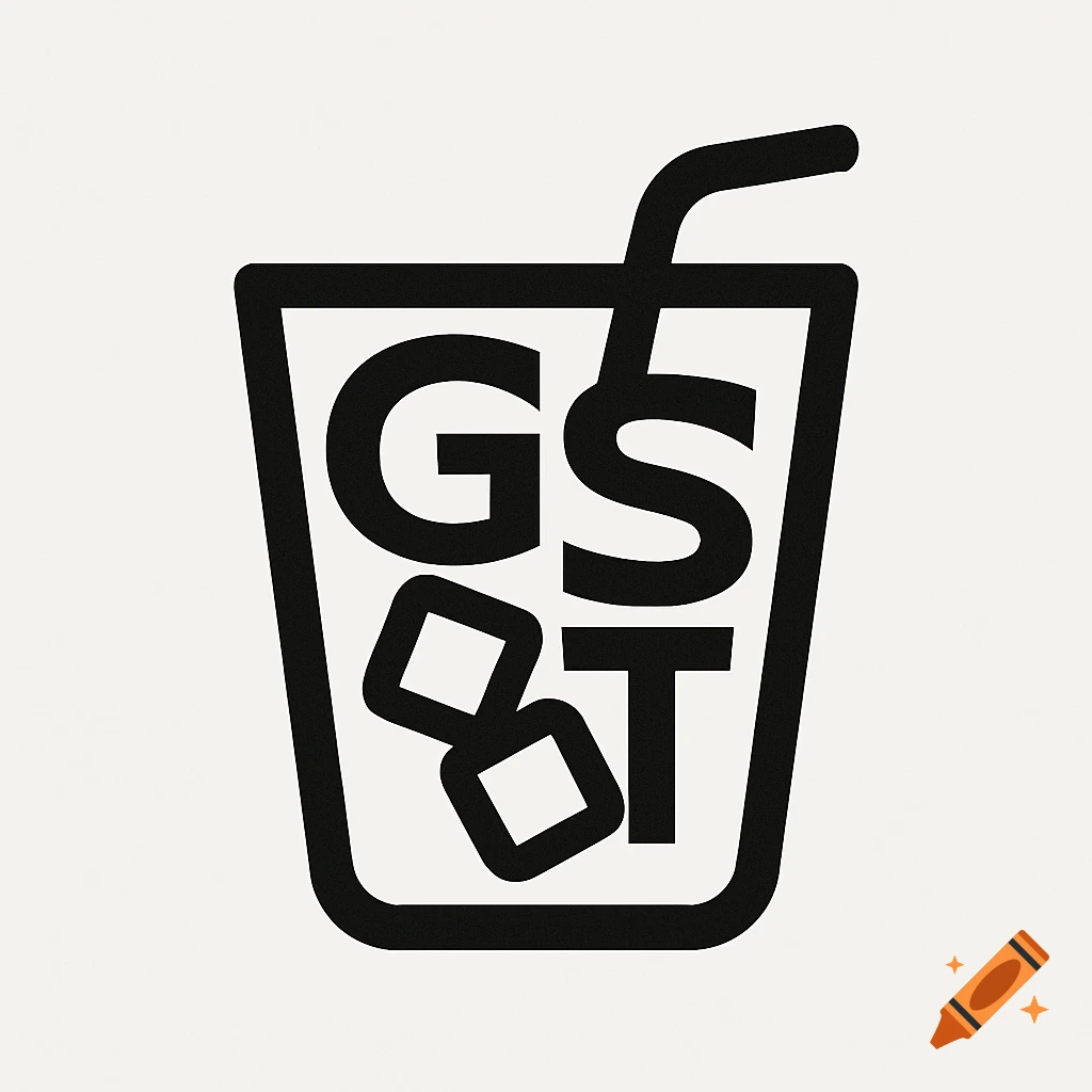 Minimalist logo of a drink glass with a straw, ice cubes, and the letters GST.