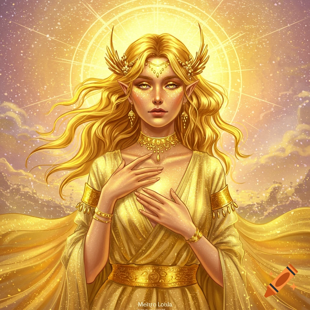 Golden-haired fantasy goddess in golden attire with light radiating behind her.